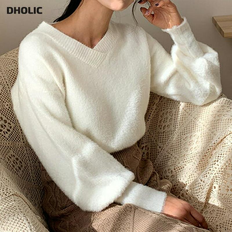 【只今15%OFF】ソフトVネックニット・全4色・b61834 レディース【tops】【韓国 ファッション トップス ニット ニットトップス パフスリーブ 長袖 ボリューム袖 Vネック 鎖骨 デコルテ ソフト シンプル 単色 無地 大人 上品 秋 冬】