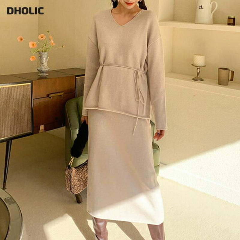 【只今15%OFF】ストラップ付Vネックニット&スカートSET・全2色・t64513 レディース【ops】【韓国 ファッション セットアップ setup ニット 長袖 Vネック 鎖骨 デコルテ スカート ロングスカート Hライン スリット ストラップ シンプル 単色 無地 大人 上品 秋 冬】