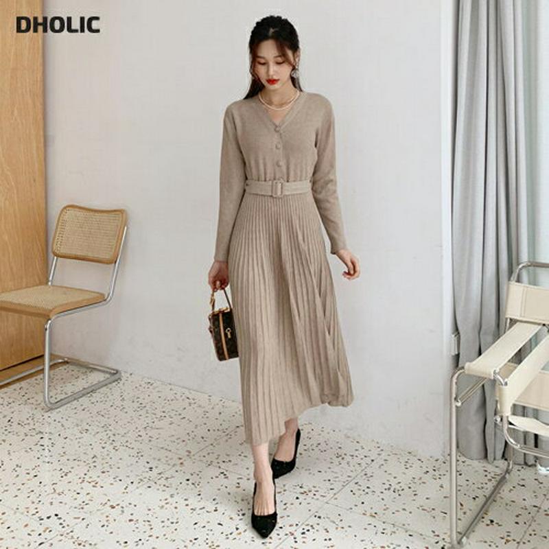 ベルト付ニットフレアワンピース・全2色・b61809 レディース【ops】【韓国 ファッション ワンピース ロングワンピース 長袖 ロングスリーブ Vネック 鎖骨 デコルテ ニットワンピース フレア プリーツ 揺れ感 ベルト フェミニン 大人 上品 秋 冬】
