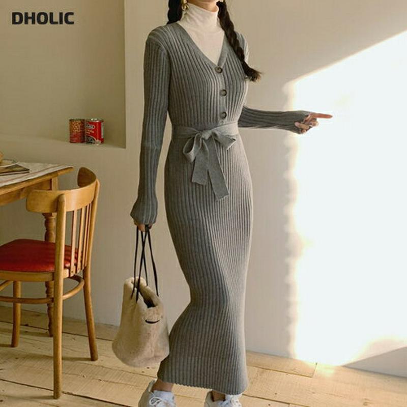 【只今15%OFF】Vネックテクスチャーワンピース・全2色・t64510 レディース【ops】【韓国 ファッション ワンピース ロングワンピース 長袖 ロングスリーブ Vネック 鎖骨 デコルテ リブ スリム ボタン ストラップ シンプル 大人 フェミニン ラフ 秋 冬】