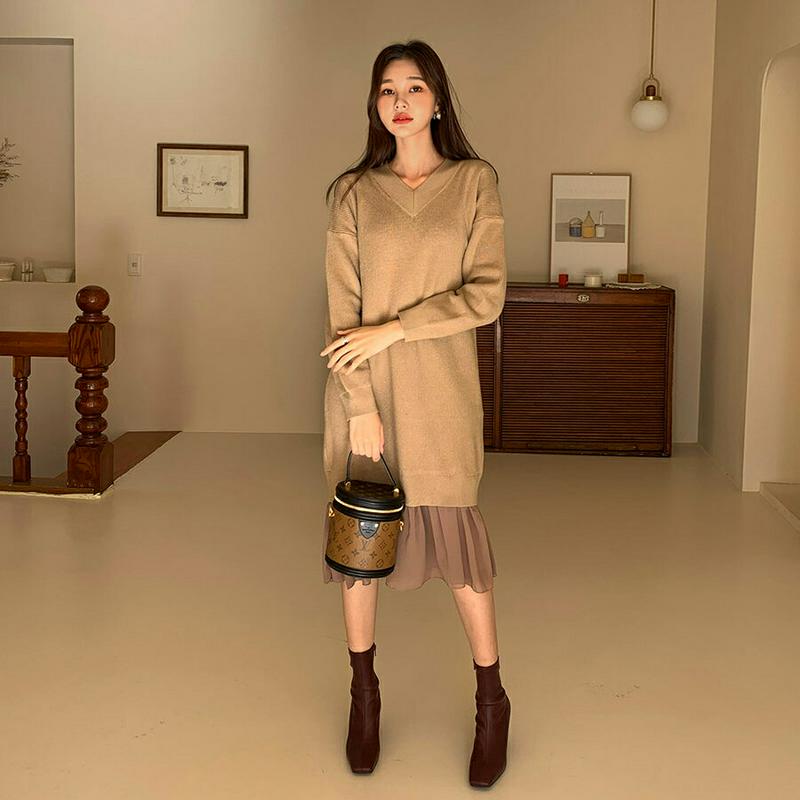 シフォンへムワンピース・全2色・e64482 レディース【ops】【韓国 ファッション ワンピース ミディワンピース 長袖 ロングスリーブ Vネック 鎖骨 デコルテ シフォン リブ Hライン レイヤード風 シンプル カジュアル ルーズ 大人 秋 冬】