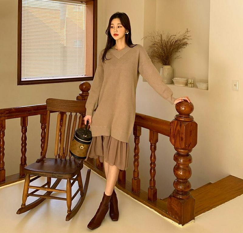 シフォンへムワンピース・全2色・e64482 レディース【ops】【韓国 ファッション ワンピース ミディワンピース 長袖 ロングスリーブ Vネック 鎖骨 デコルテ シフォン リブ Hライン レイヤード風 シンプル カジュアル ルーズ 大人 秋 冬】