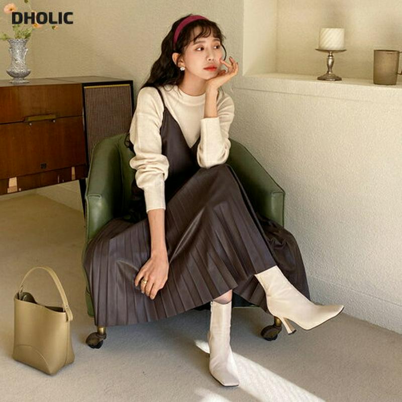 【只今15%OFF】レザー調プリーツキャミワンピース・全2色・t64509 レディース【ops】【韓国 ファッション ワンピース ロングワンピース スリーブレス キャミソール キャミワンピース Vネック レザー調 プリーツ シンプル ゆったり 大人 上品 秋 冬】