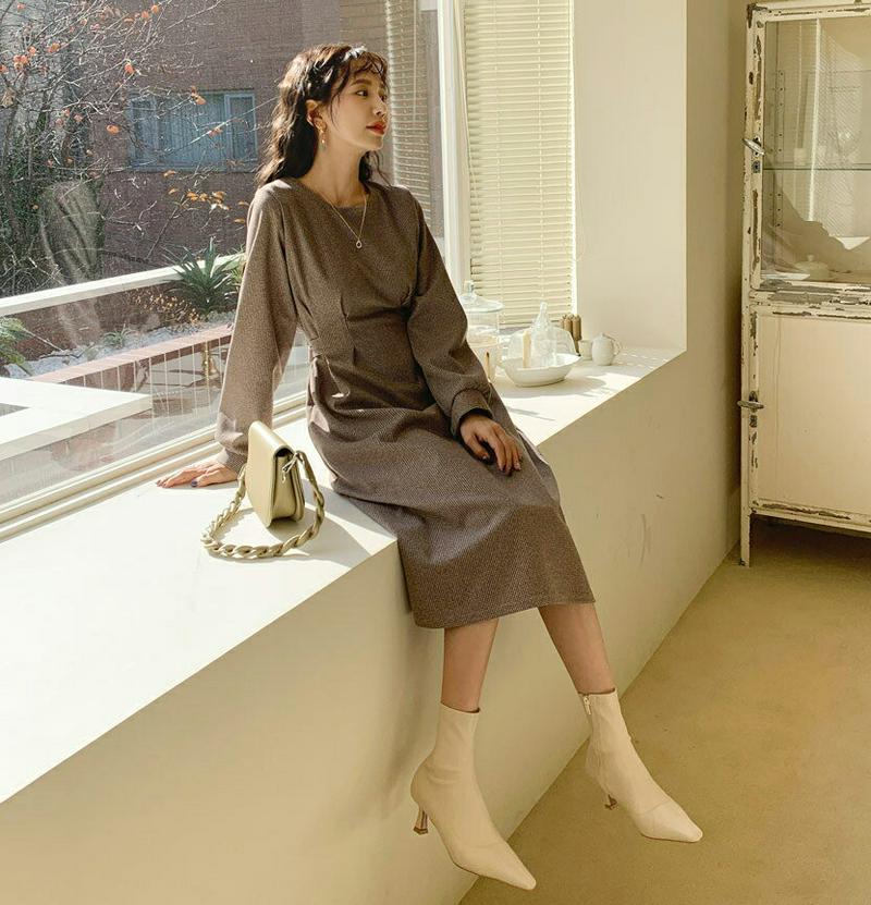 【只今15%OFF】ハウンドトゥースワンピース・全3色・t64512 レディース【ops】【韓国 ファッション ワンピース ロングワンピース 長袖 ロングスリーブ ラウンドネック ハウンドトゥース チェック柄 タック シック シンプル 大人 上品 秋 冬】