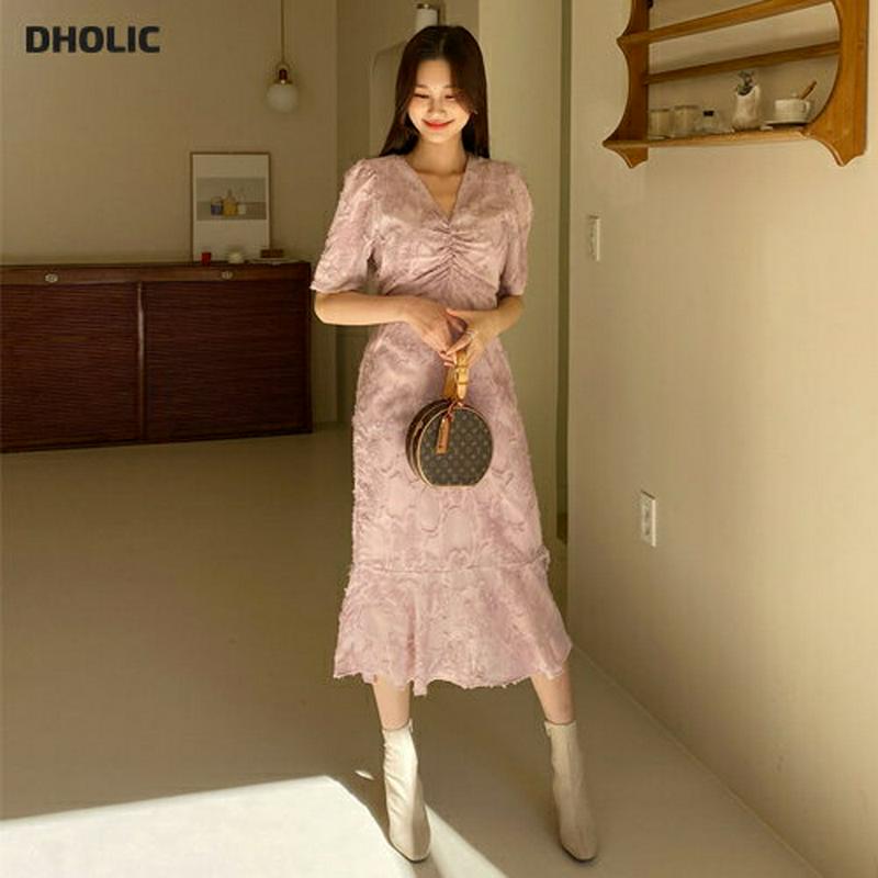 Vネックテクスチャーワンピース・全3色・t64511 レディース【ops】【韓国 ファッション ワンピース ロングワンピース 半袖 Vネック 鎖骨 デコルテ ギャザー リボン フレア テクスチャー 透け感 大人 上品 フェミニン 秋 冬】