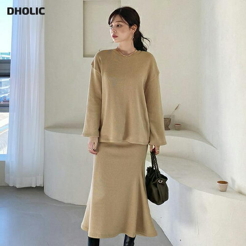 【只今10%OFF】裏起毛ルーズTシャツ&スカートSET・全3色・t65183 レディース 【ops】【韓国 ファッション セットアップ セット Tシャツ カットソー 長袖 ルーズ ゆったり オーバーサイズ スカート ロング タイトスカート フレア 無地 カジュアル 秋 冬】【ハイホリHIHOLLI】