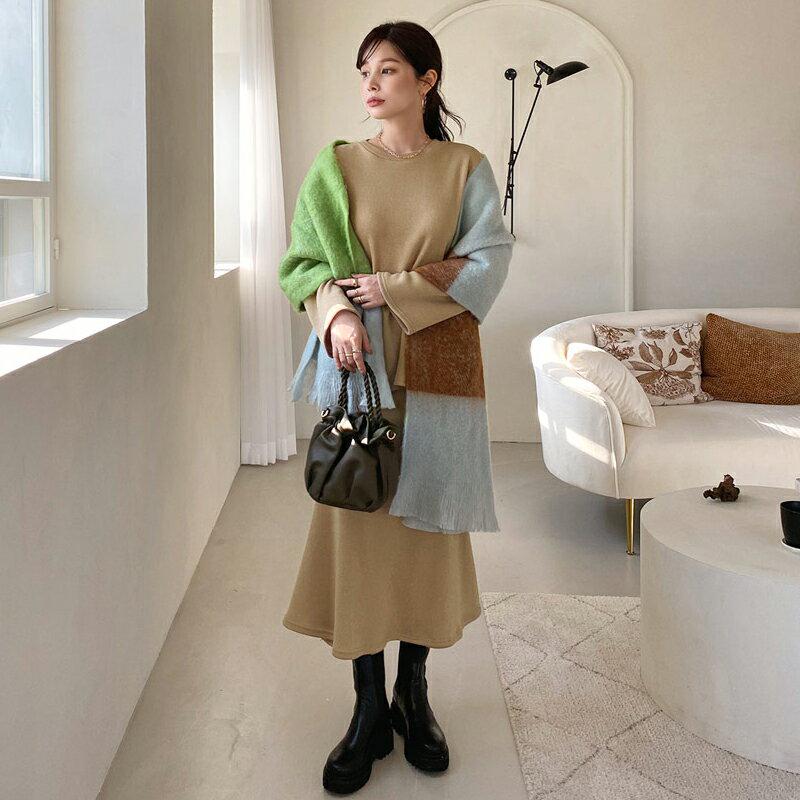 【只今10%OFF】裏起毛ルーズTシャツ&スカートSET・全3色・t65183 レディース 【ops】【韓国 ファッション セットアップ セット Tシャツ カットソー 長袖 ルーズ ゆったり オーバーサイズ スカート ロング タイトスカート フレア 無地 カジュアル 秋 冬】【ハイホリHIHOLLI】