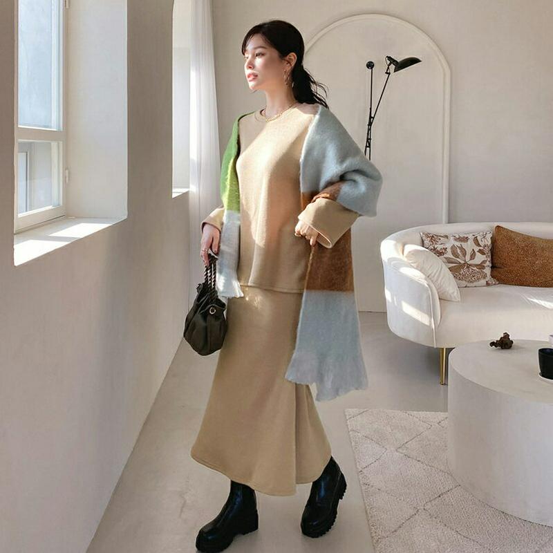 【只今10%OFF】裏起毛ルーズTシャツ&スカートSET・全3色・t65183 レディース 【ops】【韓国 ファッション セットアップ セット Tシャツ カットソー 長袖 ルーズ ゆったり オーバーサイズ スカート ロング タイトスカート フレア 無地 カジュアル 秋 冬】【ハイホリHIHOLLI】