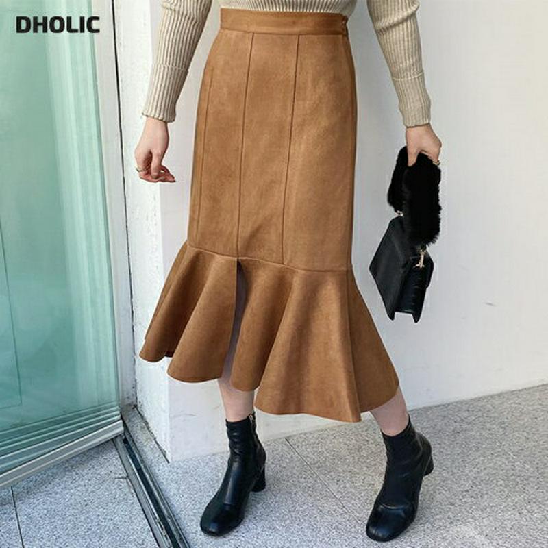 【只今10%OFF】スエード調マーメイドスカート・全3色・t65188 レディース 【sk】【韓国 ファッション ボトムス スカート ロング ミモレ丈 フレアヘム フリルヘム タイト 細身 合皮 レザー 上品 大人 エレガント 高見え カジュアル 秋 冬】【ハイホリHIHOLLI】