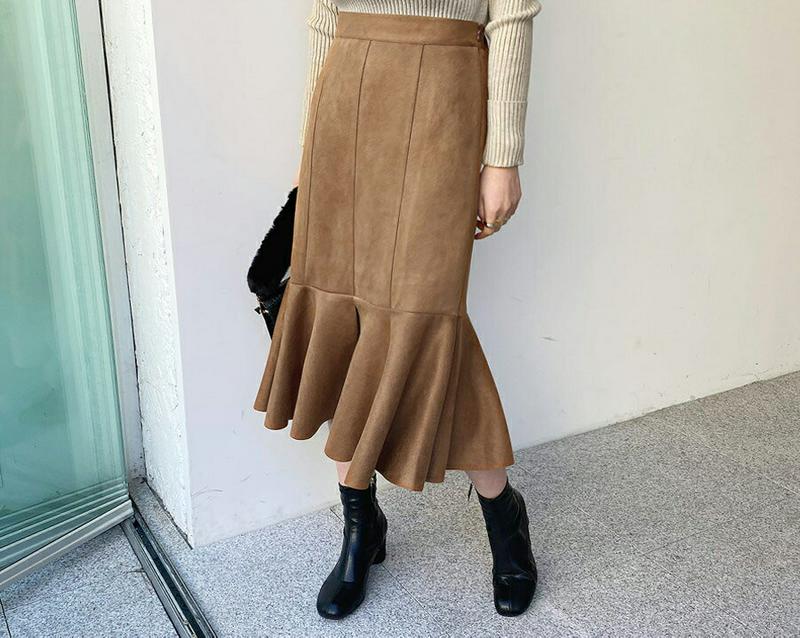 【只今10%OFF】スエード調マーメイドスカート・全3色・t65188 レディース 【sk】【韓国 ファッション ボトムス スカート ロング ミモレ丈 フレアヘム フリルヘム タイト 細身 合皮 レザー 上品 大人 エレガント 高見え カジュアル 秋 冬】【ハイホリHIHOLLI】