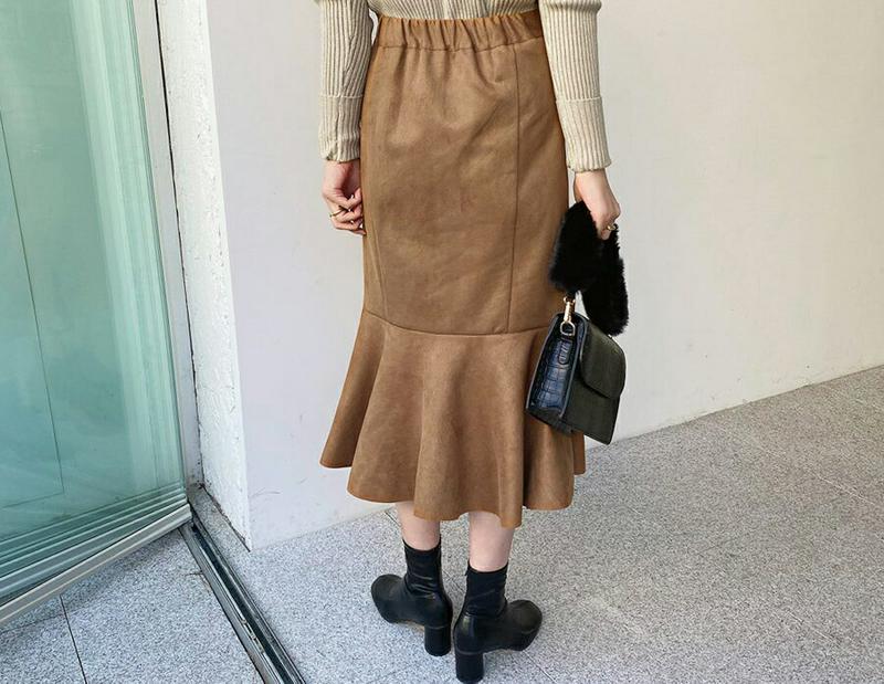 【只今10%OFF】スエード調マーメイドスカート・全3色・t65188 レディース 【sk】【韓国 ファッション ボトムス スカート ロング ミモレ丈 フレアヘム フリルヘム タイト 細身 合皮 レザー 上品 大人 エレガント 高見え カジュアル 秋 冬】【ハイホリHIHOLLI】