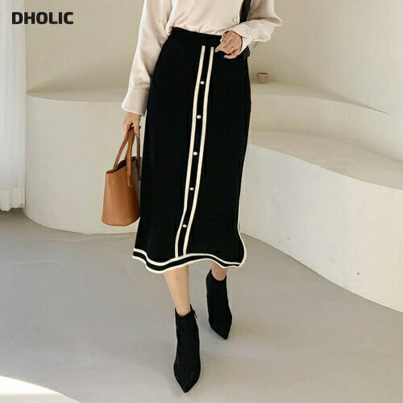 【只今10%OFF】配色ラインニットスカート・全2色・b65186 レディース 【sk】【韓国 ファッション ボトムス スカート ロング ミモレスカート Hライン タイト ペンシルスカート スリム 細身 上品 高見え 大人 カジュアル 秋 冬】【ハイホリHIHOLLI】