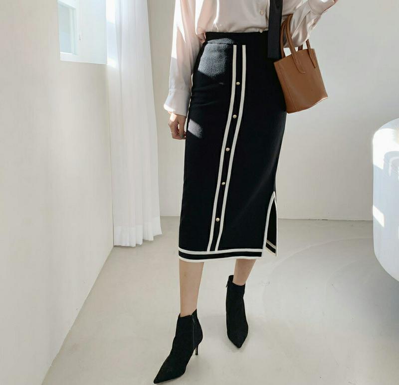 【只今10%OFF】配色ラインニットスカート・全2色・b65186 レディース 【sk】【韓国 ファッション ボトムス スカート ロング ミモレスカート Hライン タイト ペンシルスカート スリム 細身 上品 高見え 大人 カジュアル 秋 冬】【ハイホリHIHOLLI】