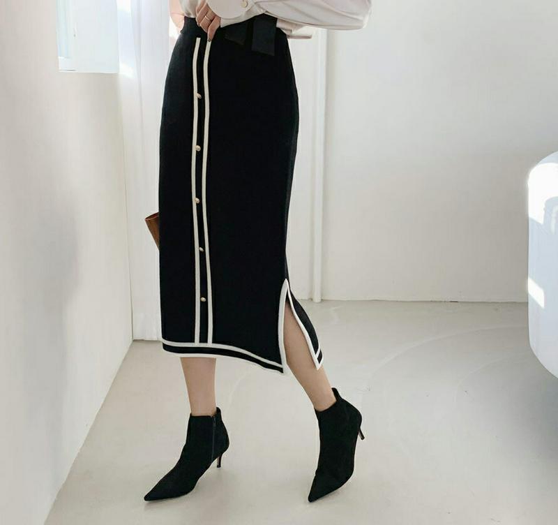 【只今10%OFF】配色ラインニットスカート・全2色・b65186 レディース 【sk】【韓国 ファッション ボトムス スカート ロング ミモレスカート Hライン タイト ペンシルスカート スリム 細身 上品 高見え 大人 カジュアル 秋 冬】【ハイホリHIHOLLI】