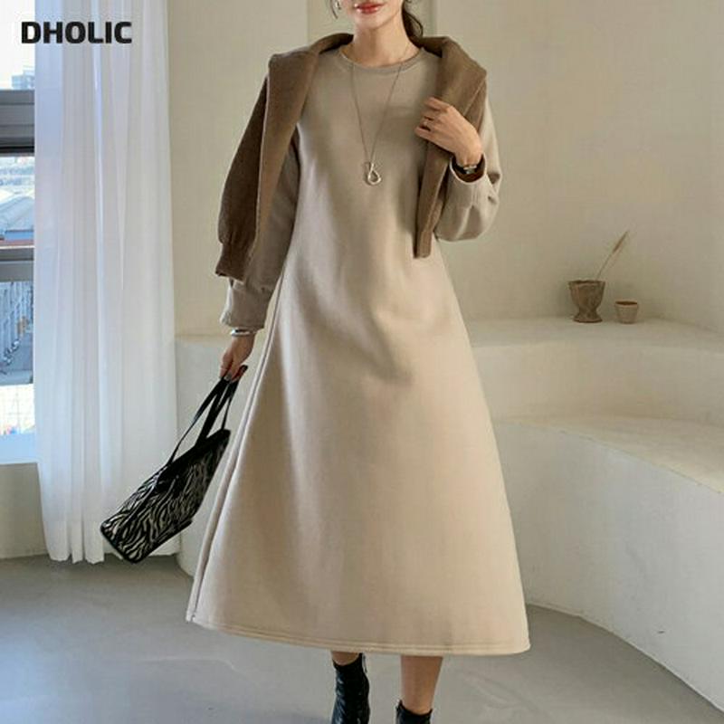 裏起毛タックワンピース・全3色・t65180 レディース 【ops】【韓国 ファッション ワンピース ロング フレア Aライン 長袖 ラウンドネック Tシャツ カットソー 無地 ワンマイルウェア カジュアル 秋 冬】【ハイホリHIHOLLI】