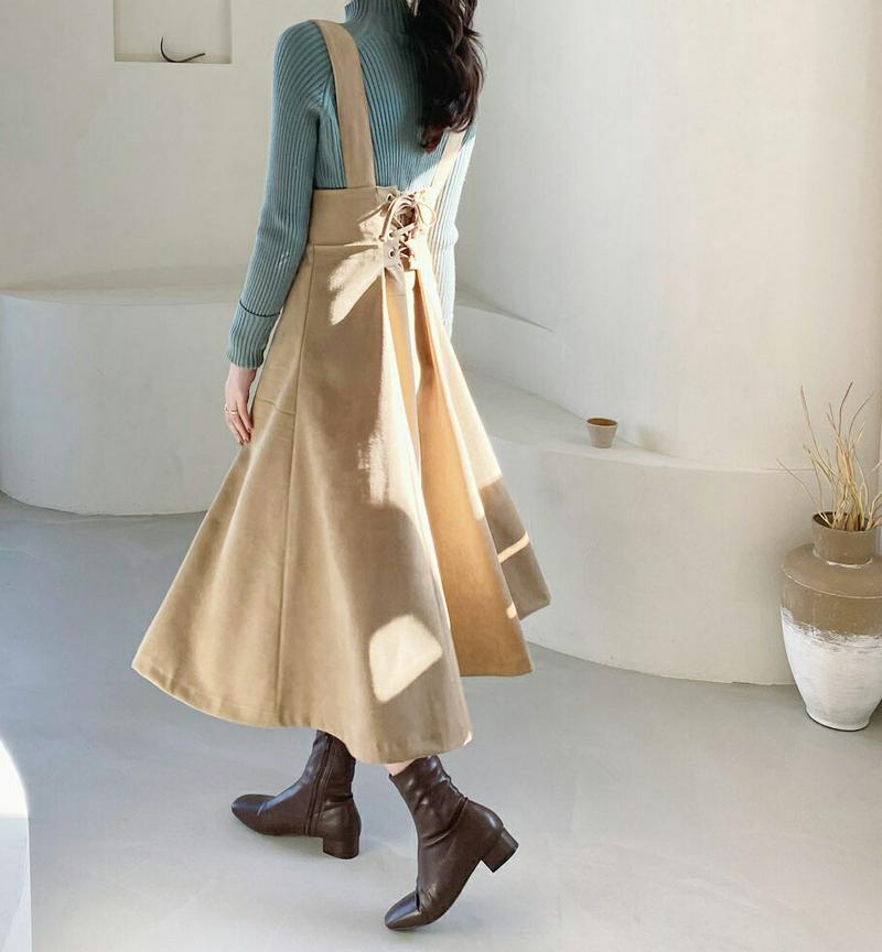 レースアップフレアワンピース・全2色・t65179 レディース 【ops】【韓国 ファッション ワンピース ロング フレア Aライン ノースリーブ スリーブレス ジャンパースカート ロングスカート 無地 カジュアル 秋 冬】【ハイホリHIHOLLI】