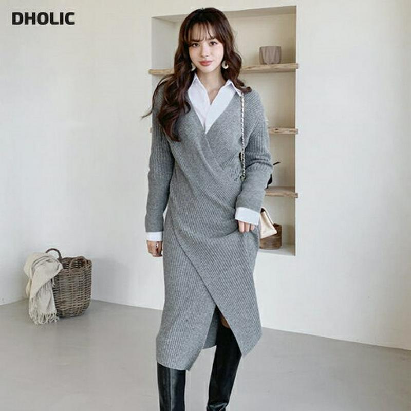 【只今15%OFF】リブラップワンピース・全3色・b65182 レディース 【ops】【韓国 ファッション ワンピース ロング ニット Vネック カシュクール 長袖 Hライン スリム 細身 タイト リブニット カジュアル 秋 冬】【ハイホリHIHOLLI】