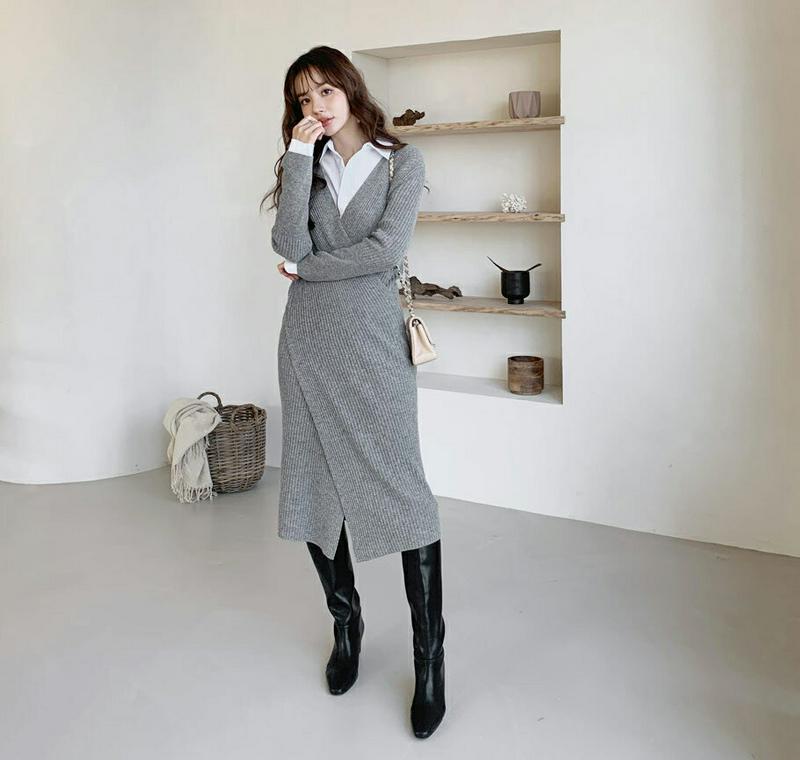 【只今15%OFF】リブラップワンピース・全3色・b65182 レディース 【ops】【韓国 ファッション ワンピース ロング ニット Vネック カシュクール 長袖 Hライン スリム 細身 タイト リブニット カジュアル 秋 冬】【ハイホリHIHOLLI】