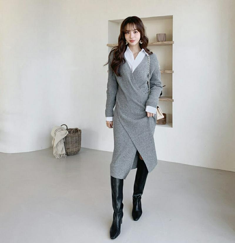 【只今15%OFF】リブラップワンピース・全3色・b65182 レディース 【ops】【韓国 ファッション ワンピース ロング ニット Vネック カシュクール 長袖 Hライン スリム 細身 タイト リブニット カジュアル 秋 冬】【ハイホリHIHOLLI】