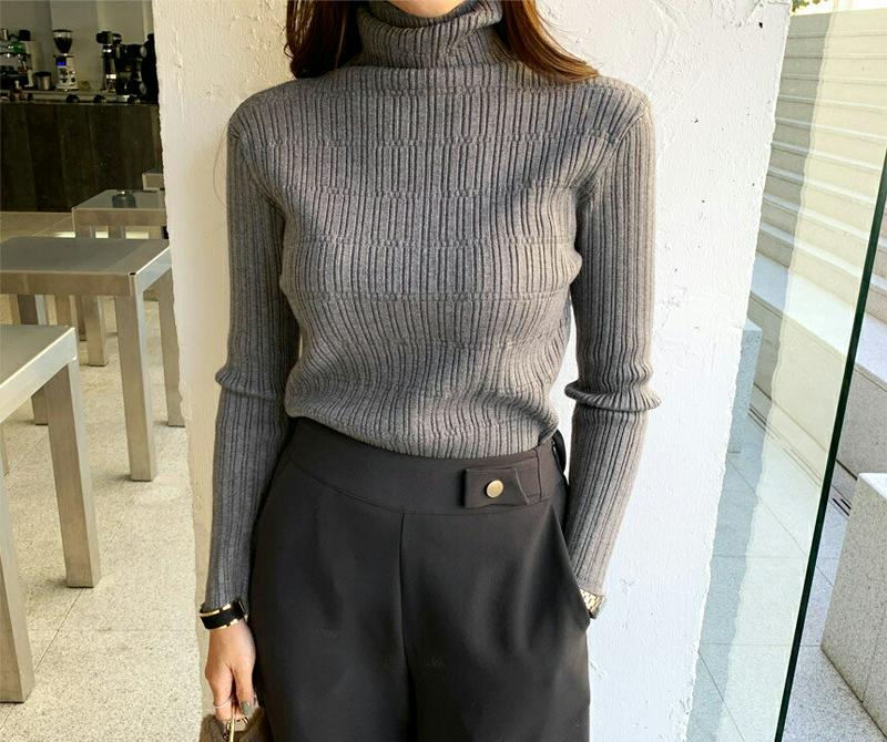 リブタートルネックニット・全4色・b65165 レディース 【tops】【韓国 ファッション トップス　ニット ハイネック 長袖 スリム 細身 タイト レイヤード 無地 デイリー カジュアル 秋 冬】【ハイホリHIHOLLI】