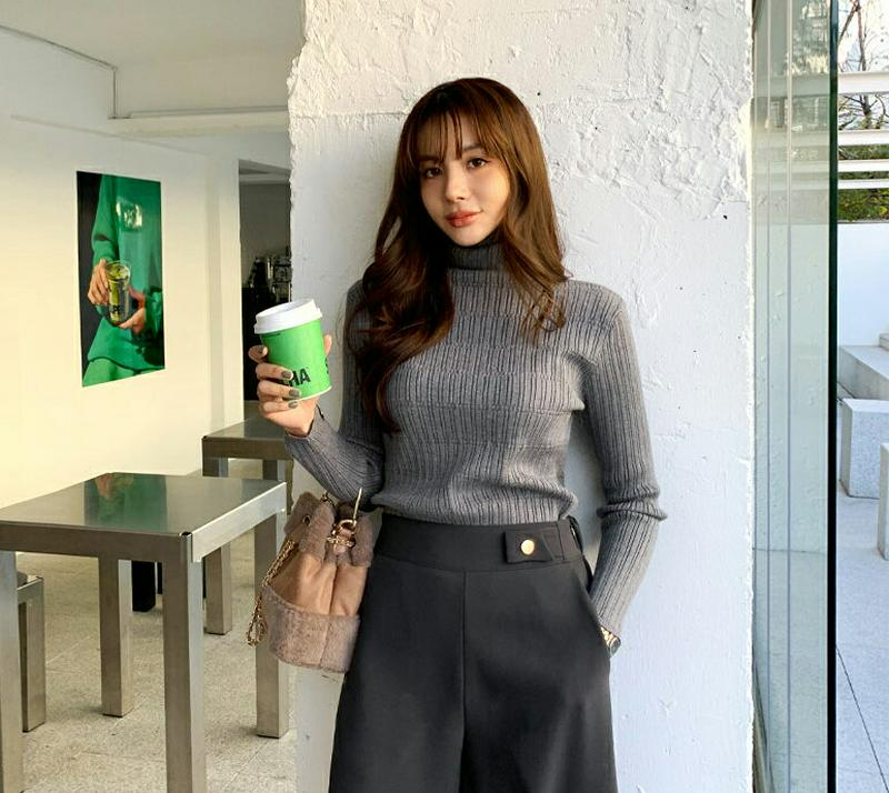 リブタートルネックニット・全4色・b65165 レディース 【tops】【韓国 ファッション トップス　ニット ハイネック 長袖 スリム 細身 タイト レイヤード 無地 デイリー カジュアル 秋 冬】【ハイホリHIHOLLI】