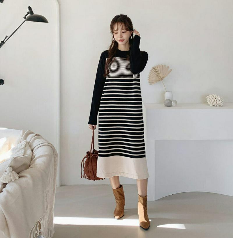 【只今15%OFF】ボーダーニットワンピース・全2色・b65181 レディース 【ops】【韓国 ファッション ワンピース ロング ニット ラウンドネック　長袖 ロングスリーブ Hライン ボーダー ルーズ ゆったり 体型カバー ワンマイルウェア カジュアル 秋 冬】【ハイホリHIHOLLI】