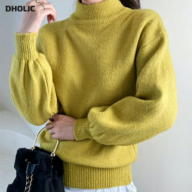 【只今10%OFF】ハーフネックパフニット・全6色・t65166 レディース 【tops】【韓国 ファッション トップス ニット モックネック ハイネック 長袖 パフスリーブ ボリューム袖 無地 ハイゲージ リブニット カジュアル 秋 冬】【ハイホリHIHOLLI】