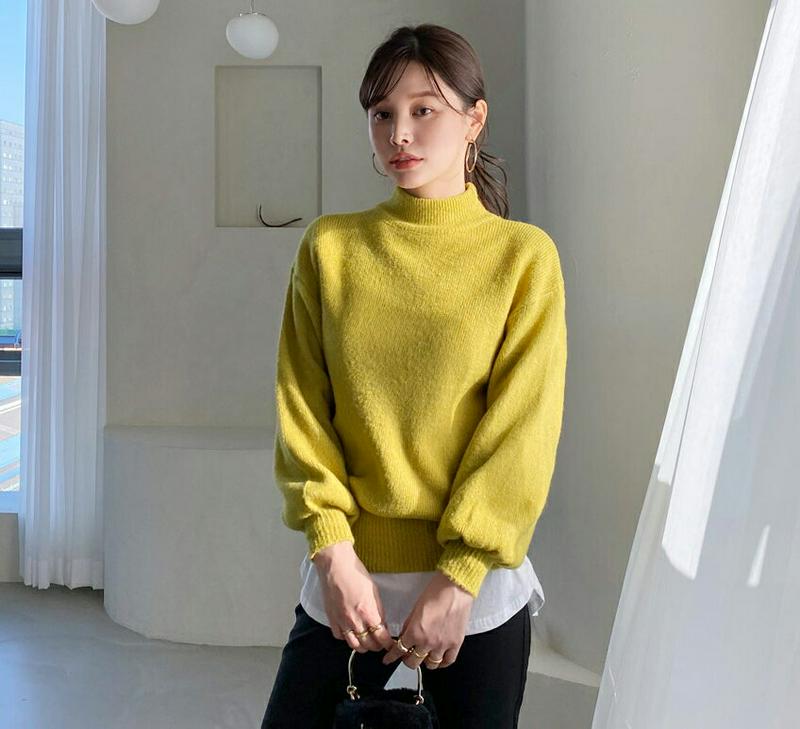 【只今10%OFF】ハーフネックパフニット・全6色・t65166 レディース 【tops】【韓国 ファッション トップス ニット モックネック ハイネック 長袖 パフスリーブ ボリューム袖 無地 ハイゲージ リブニット カジュアル 秋 冬】【ハイホリHIHOLLI】