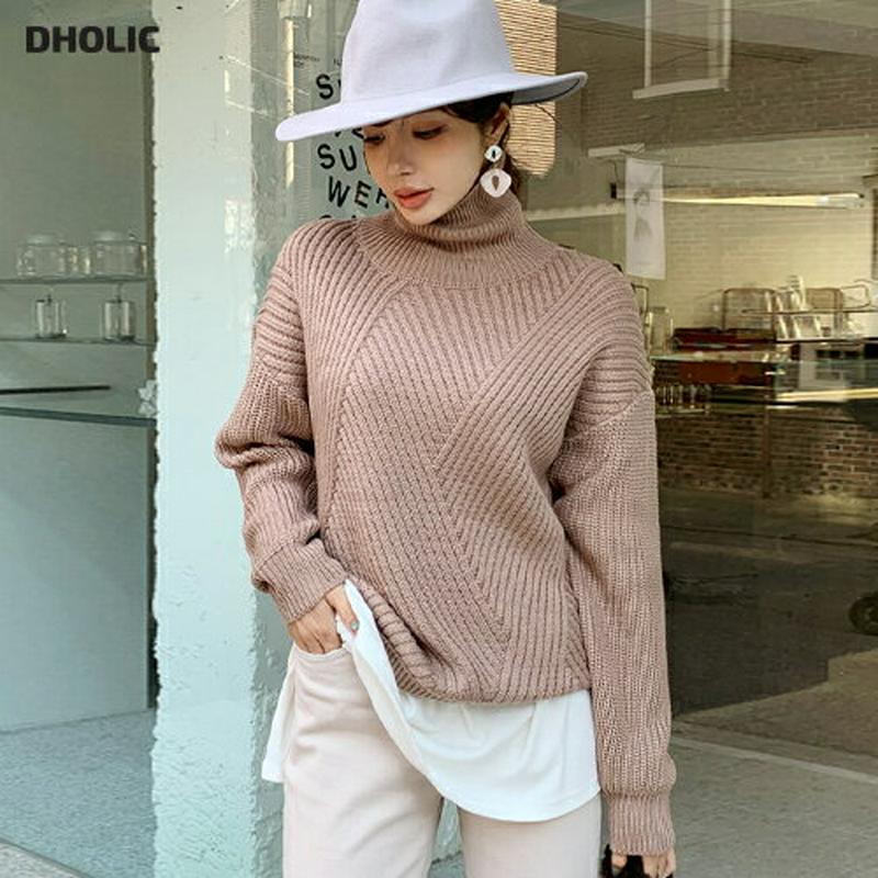 【只今10%OFF】ダイアゴナルリブニット・全2色・b65168 レディース 【tops】【韓国 ファッション トップス ニット ハイネック タートルネック 長袖 ドロップショルダー ロングスリーブ 上品 大人 ルーズ ゆったり カジュアル 秋 冬】【ハイホリHIHOLLI】