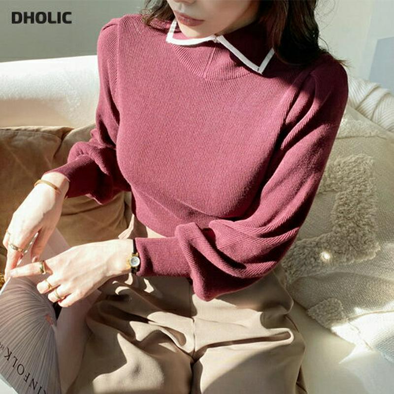 【只今15%OFF】カラー配色ニット・全5色・b65167 レディース 【tops】【韓国 ファッション トップス　ニット 襟 長袖 ぼわん袖 ボリューム袖 パフスリーブ スリム 細身 大人 上品　きれいめ カジュアル 秋 冬】【ハイホリHIHOLLI】