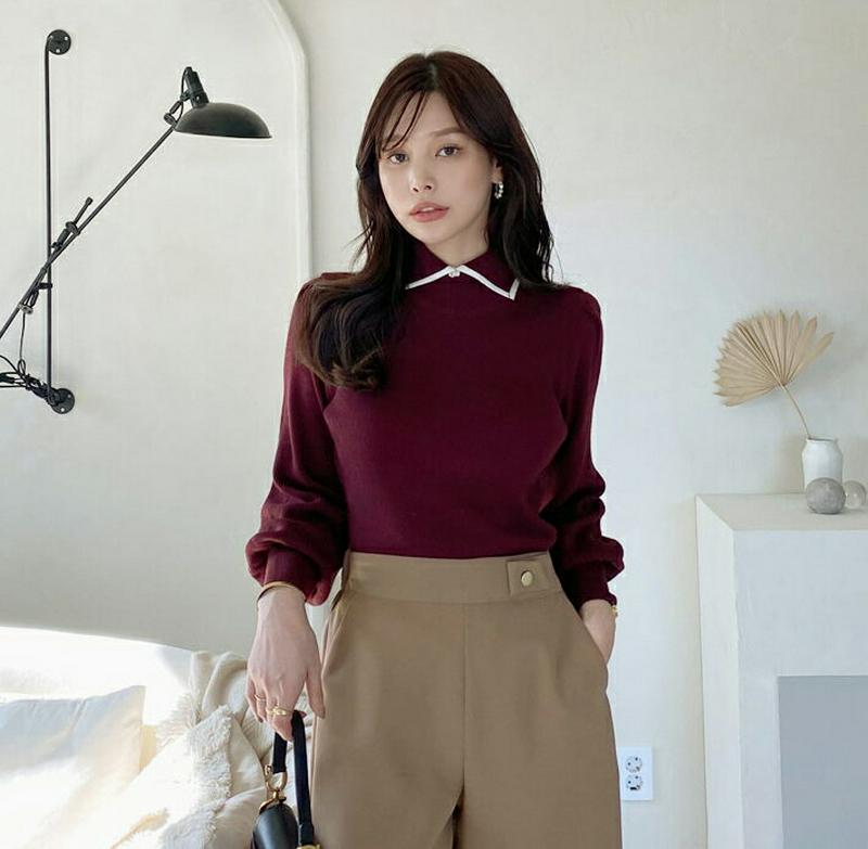 【只今15%OFF】カラー配色ニット・全5色・b65167 レディース 【tops】【韓国 ファッション トップス　ニット 襟 長袖 ぼわん袖 ボリューム袖 パフスリーブ スリム 細身 大人 上品　きれいめ カジュアル 秋 冬】【ハイホリHIHOLLI】