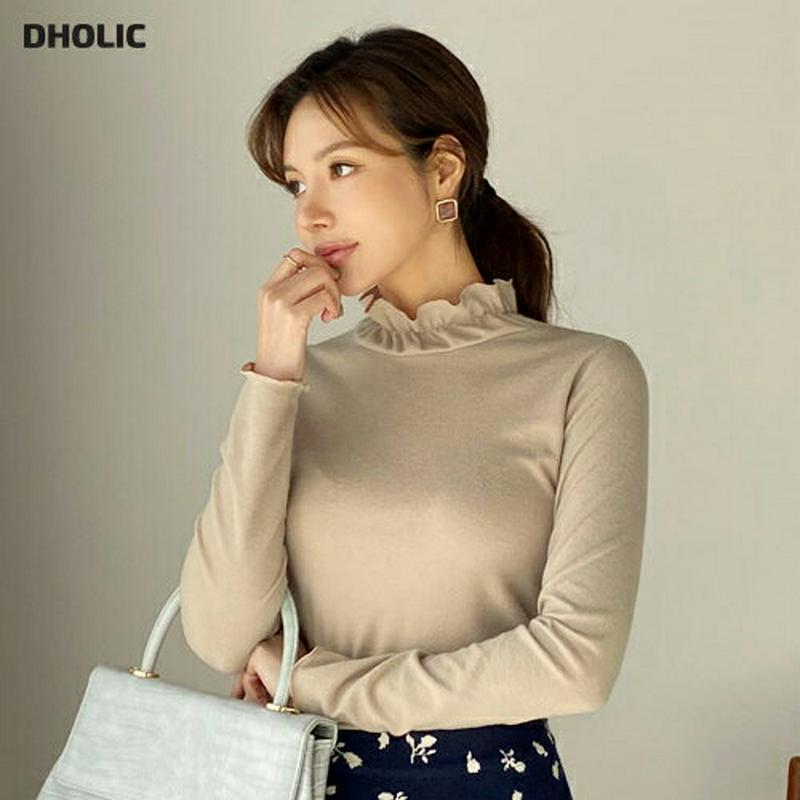 【只今10%OFF】ネックギャザーTシャツ・全5色・b65138 レディース【tops】【韓国 ファッション トップス Tシャツ ロングスリーブ 長袖 ハイネック ギャザー ウェーブ ウェーブヘム シンプル 単色 無地 カジュアル 大人 秋 冬】【ハイホリHIHOLLI】