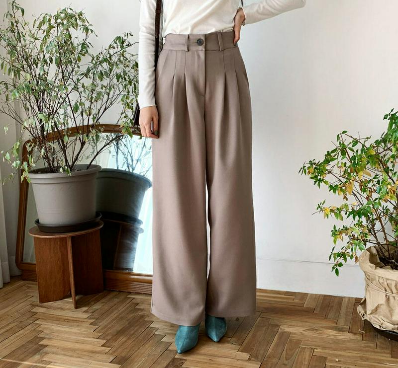 【新作10%OFF】タックワイドパンツ・全2色・t65150 レディース【pt】【韓国 ファッション ボトムス ズボン パンツ ロングパンツ ワイドパンツ タック バックゴム シンプル 単色 無地 綿 コットン 大人 上品 秋 冬】【ハイホリHIHOLLI】