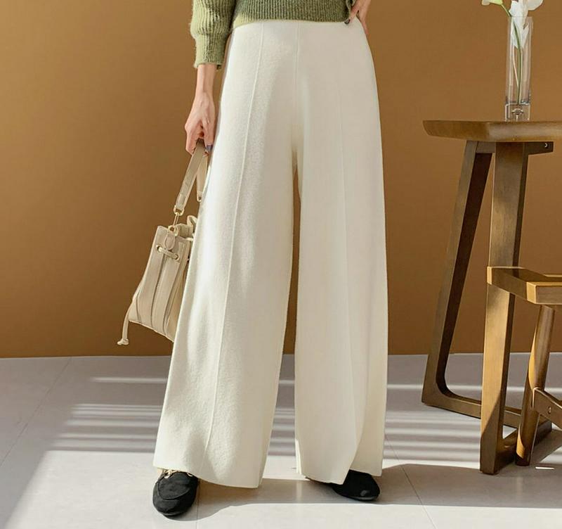 ニットワイドパンツ・全4色・61855 レディース【pt】【韓国 ファッション ボトムス ズボン パンツ ロングパンツ ワイドパンツ ニットパンツ ストレート ウエストゴム ストリング 楽ちん シンプル 単色 無地 カジュアル ゆったり 体型カバー 上品 秋 冬】