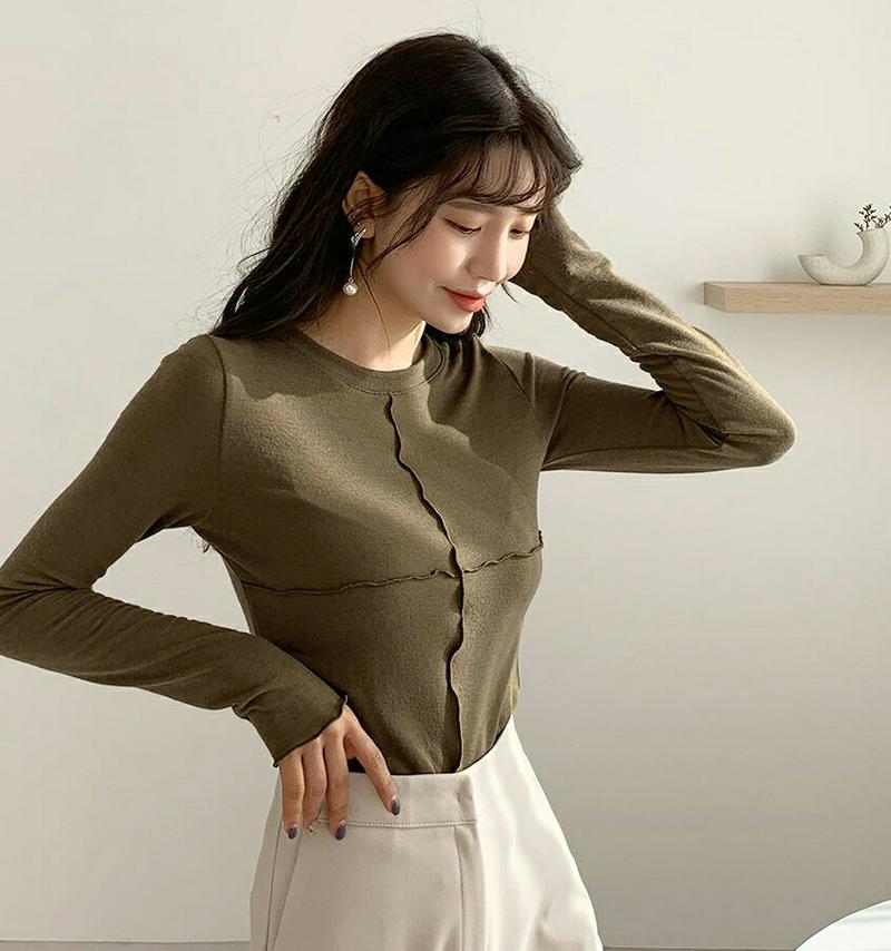 【只今10%OFF】ウェーブディテールTシャツ・全3色・t61858 レディース【tops】【韓国 ファッション トップス Tシャツ ロングスリーブ 長袖 ラウンドネック ウェーブ ライン スリム シンプル カジュアル ラフ 春 秋 冬】
