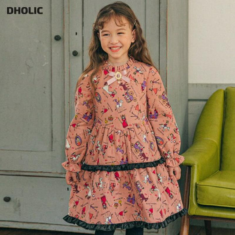 【キッズ20%OFF】イラストパターンフレアワンピース・u08759 キッズ【3~8才】【ops】【ワンピース ミディ丈 ミディワンピース フレア フレアワンピース イラスト 総柄 かわいい 女の子 長袖 秋 冬 韓国 韓国子供服 子供 こども 子供服 こども服】【KIDS】