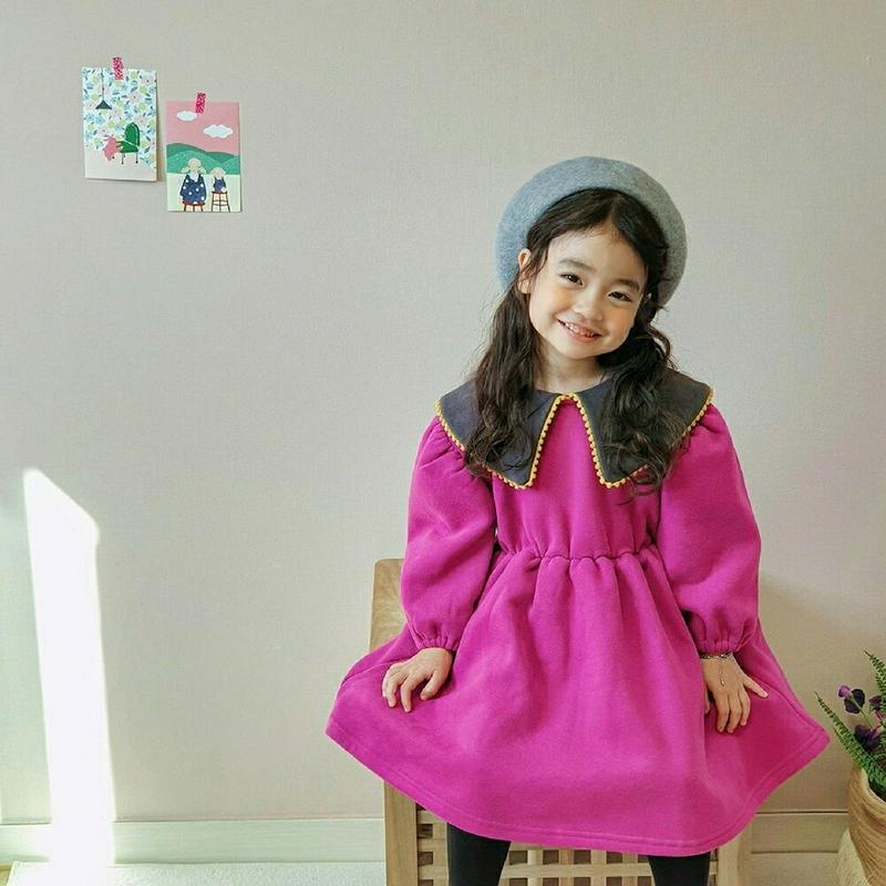 【キッズ30%OFF】ポンポンカラーワンピース・u08974 キッズ【3~8才】【ops】【ワンピース ロング ロングワンピース ポンポン ビックカラー 襟コンシャス 可愛い かわいい 長袖 女の子 秋 冬 韓国 韓国子供服 子供 こども 子供服 こども服】【KIDS】