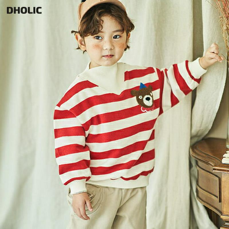 くまポイントボーダーTシャツ(junior)・u08773 キッズ【9~17才】【tops】【トップス Tシャツ 長袖 ボーダー 柄 くま クマ 可愛い かわいい カジュアル 女の子 男の子 冬 韓国 韓国子供服 子供 こども 子供服 こども服】【KIDS】【KK】
