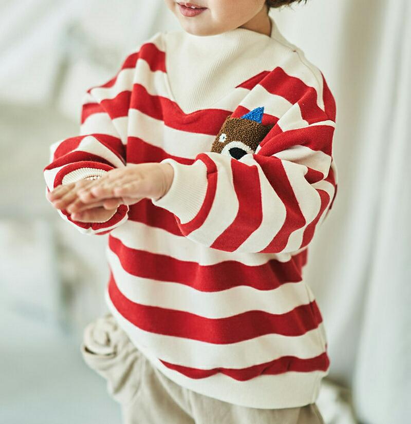 くまポイントボーダーTシャツ(junior)・u08773 キッズ【9~17才】【tops】【トップス Tシャツ 長袖 ボーダー 柄 くま クマ 可愛い かわいい カジュアル 女の子 男の子 冬 韓国 韓国子供服 子供 こども 子供服 こども服】【KIDS】【KK】