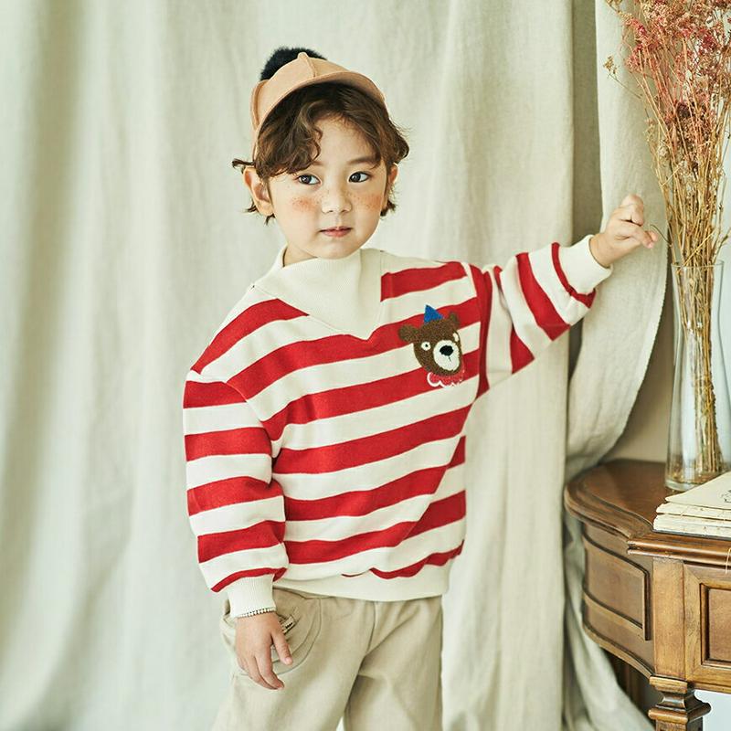 くまポイントボーダーTシャツ(junior)・u08773 キッズ【9~17才】【tops】【トップス Tシャツ 長袖 ボーダー 柄 くま クマ 可愛い かわいい カジュアル 女の子 男の子 冬 韓国 韓国子供服 子供 こども 子供服 こども服】【KIDS】【KK】