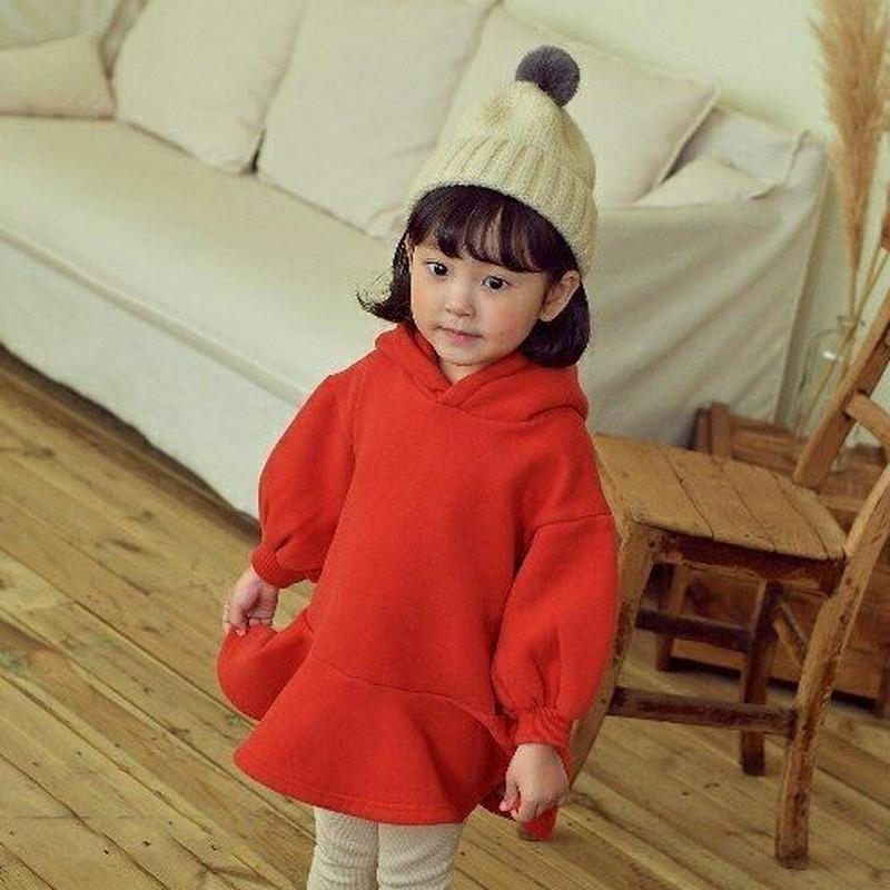 【キッズ20%OFF】裏起毛無地フードワンピース・u08982 キッズ【3~8才】【ops】【ワンピース ミディ丈 ミディワンピース 長袖 フード フーディ フーディー 裏起毛 単色 無地 シンプル カジュアル 女の子 冬 韓国 韓国子供服 子供 こども 子供服 こども服】【KIDS】