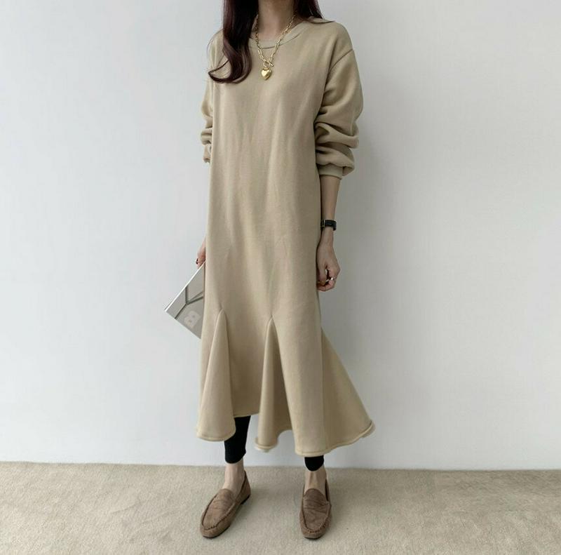 マーメイドワンピース ロングワンピース マキシ丈 ロング丈　裏起毛　秋冬 マキシワンピース プルオーバー レディース 長袖　防寒　秋　冬 大きサイズ 体型カバー カジュアル ゆったり　トレンド