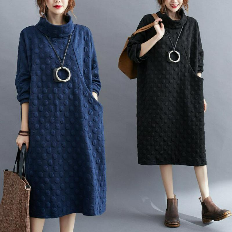 ワンピース ロングワンピース　ハイネック　マキシ丈 ロング丈　秋冬 マキシワンピース プルオーバー レディース 長袖　防寒　ポケット付き　秋　冬 大きサイズ 体型カバー カジュアル ゆったり　トレンド　お呼ばれ