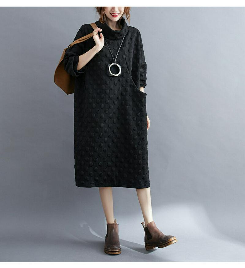 ワンピース ロングワンピース　ハイネック　マキシ丈 ロング丈　秋冬 マキシワンピース プルオーバー レディース 長袖　防寒　ポケット付き　秋　冬 大きサイズ 体型カバー カジュアル ゆったり　トレンド　お呼ばれ