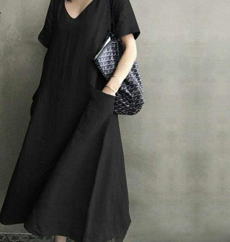 ワンピース 半袖 レディース　ロング　リネン風　ロングワンピース レディース カジュアル　膝下 綿麻風　大きいサイズ　春夏 ワンピ　無地　体型カバー　着痩せ　ゆったり　コクーン　3カラー　20代　30代　40代　50代