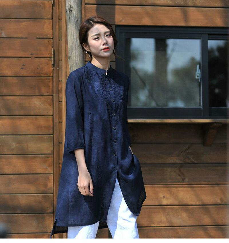 [在庫処分] シャツワンピース ブラウス 春夏 ロングシャツ レディース　綿麻風　ワンピース 　シャツ　綿麻混　花柄刺繍 モチーフ　エスニック 五分袖 　ゆったり aライン ミニ丈ワンピース 体型カバー　綿混　着痩せ