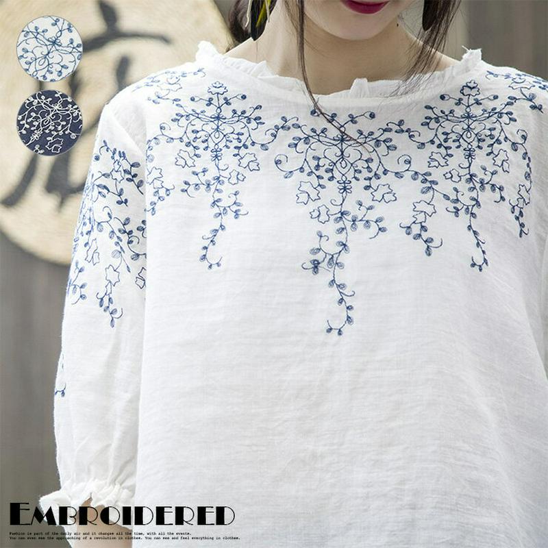 送料無料 シャツブラウス　刺繍ブラウス　刺繍シャツ　シャツ　ブラウス　トップス　レディース　白シャツ　春夏　5分袖　七分袖　ゆったり　刺繍　フリル衿　ふんわり　綿麻風　着心地　柔らかい　上品　可愛い　大人