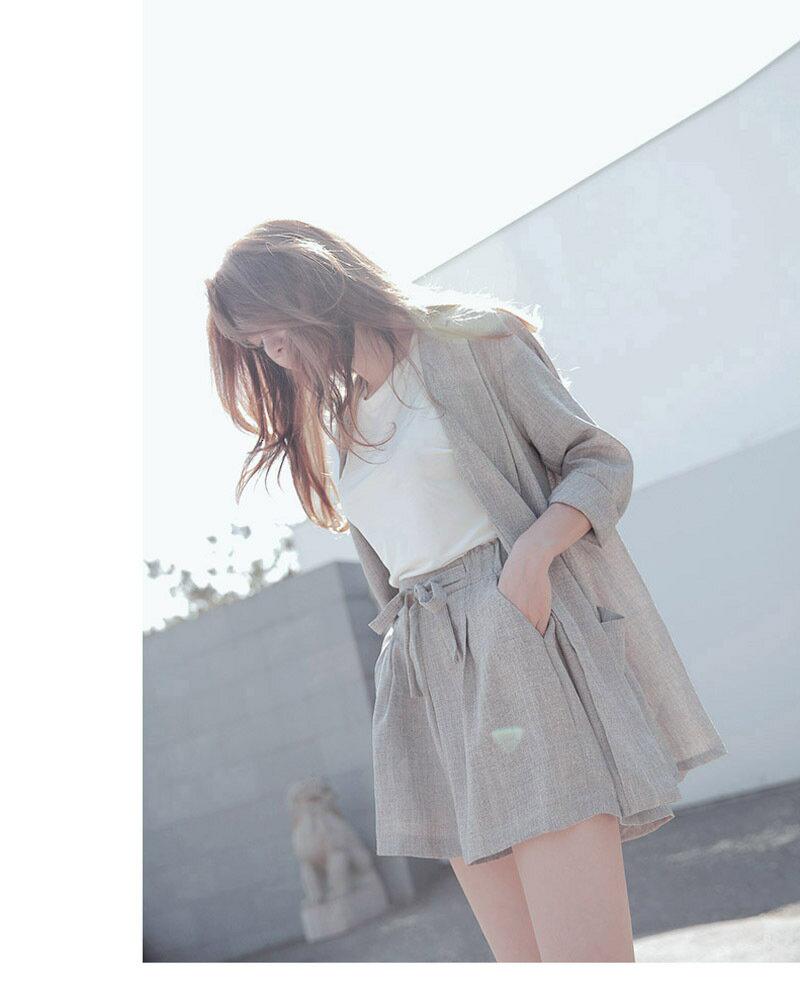 綿麻風セットアップ パンツスーツ　2点セット　パンツ　セットアップ　ショートパンツ　上下セット　ジャケット 薄い　チェック柄　紫外線対策 UVカット 美ライン　シンプル　着痩せ　美脚　体型カバー　オフィス　普段着　お呼ばれ　上品　女性らしい
