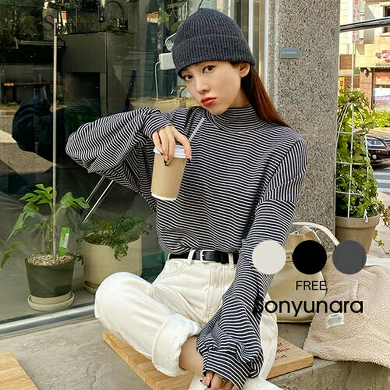 SONYUNARA(ソニョナラ)バブルストライプタートルネック【11/12up_ka】韓国 韓国ファッション Tシャツ 長袖 タートルネック ボーダー バルーンスリーブ カジュアル 秋 冬 レディース ファッション【5】