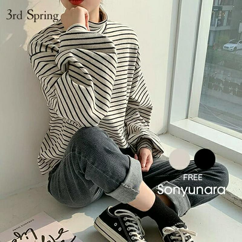 SONYUNARA(ソニョナラ)バルーンボーダータートルネック【11/2up_ka】韓国 韓国ファッション タートルネック Tシャツ ボーダー バルーンスリーブ オーバーサイズ 体型カバー レイヤード カジュアル レディース ファッション【あす楽】